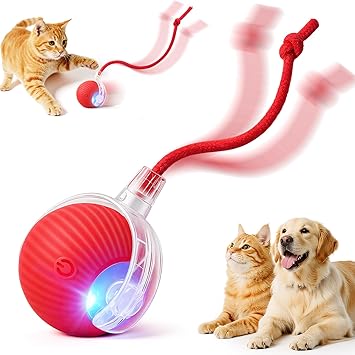 Smart Interactive Automatic Electric Rolling Moving Rechargeable Motion Activated Self Solo Play Electronic Stimulation Chase Teaser Ball Toy with Rope for Indoor Bored Adult Cat and Dog, Red