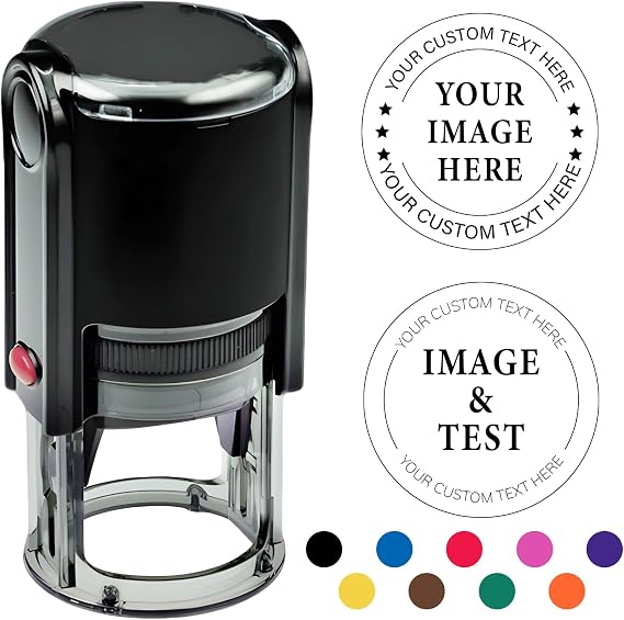 Custom Stamp Personalized Self Inking Logo Business Image Text Stamper for Office, Return Address, Signature, Notary - 4 Sizes (1", 1.2", 1.6", 2") & 9 Ink Color Options