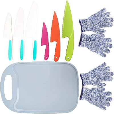 11PCS Kids Plastic Knife Set,Kids Safe Knife Set with 2 Pair Cut Resistant Gloves Ages 6-12 & Cutting Board,Kids Cooking Tool BPA-Free ,Salad Blue