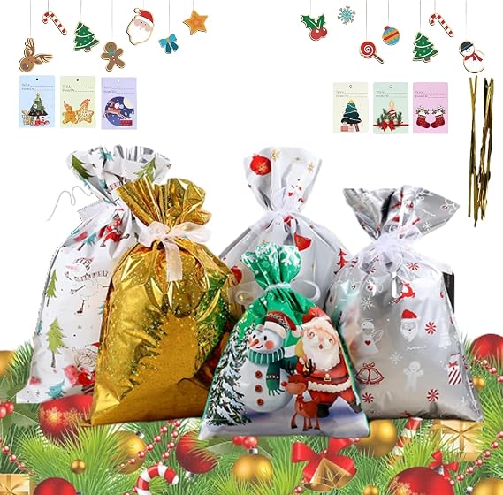 FLCRSN Off-Drawstring Christmas Gift Bags, Christmas Gift Bags Drawstring, For Gifts Present Wrapping, With 30 Greeting Cards