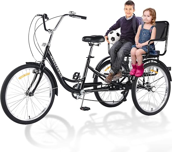 Adult Tricycle Foldable with Child seat 3 Wheel Bicycle for Ladies Tricycle with Basket with Back seat 20/24in Bikes Maximum Load 550lbs Shock Absorbing Fork Adult-Unisex (24in-7speed-black)