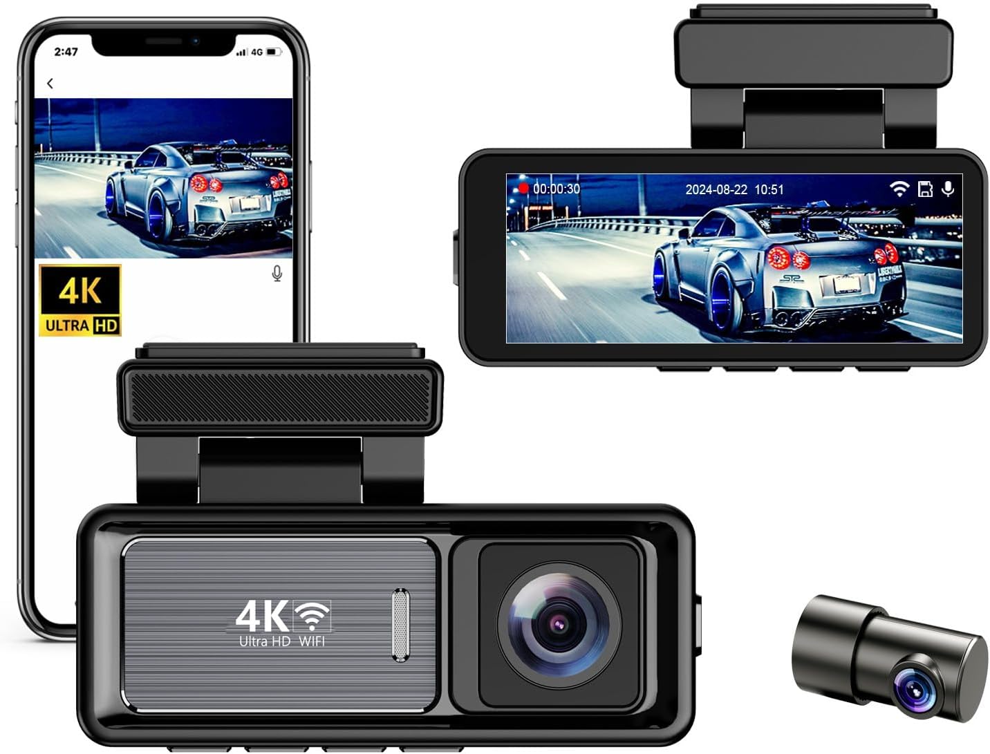 Coverzone MINI Dual Lens WiFi GPS Dash Camera - 4K Front Camera & 1080P Rear Camera, Night Vision, Parking Mode, Wide Angle Lens, Cyclic Recording, 128GB SD Card Support Not Included M6
