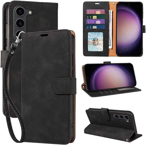Wallet Case for Samsung Galaxy S23, RFID Blocking (Black) | 4 card slots with ID window, cash pocket, wrist strap, stand function, magnetic closure, flip PU leather, TPU inner shell