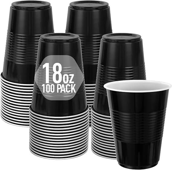 18 oz Black Plastic Cups, 100 Pack Black Cups Disposable, Black Solo Cups Bulk for Party