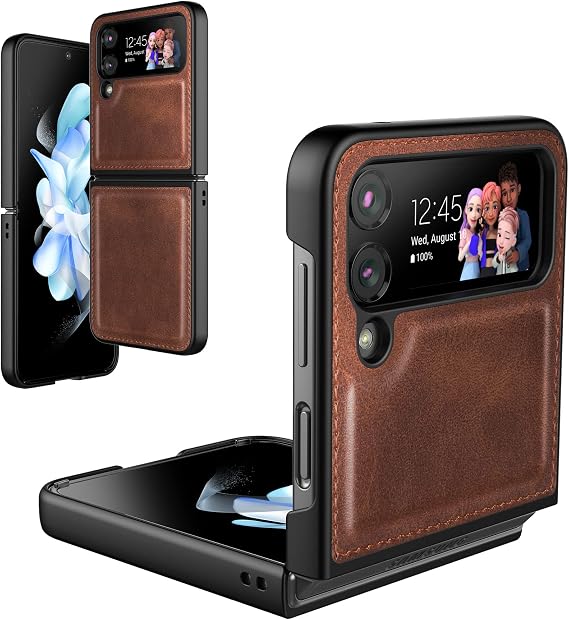 Foluu Case for Samsung Galaxy Z Flip 4 5G 2022, Galaxy Z Flip 4 Leather Case, PU Leather + Hard PC Shell Ultra Thin Slim Durable Protective Phone Case Cover for (Brown)