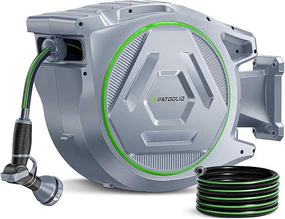 Retractable Garden Hose Reel 5/8 in x 100 ft, Heavy Duty Wall Mounted Water Hose Reel with 9-Pattern Nozzle, Any Length Lock, Automatic Slow Return System, 180 Swivel Bracket, UV Resistant