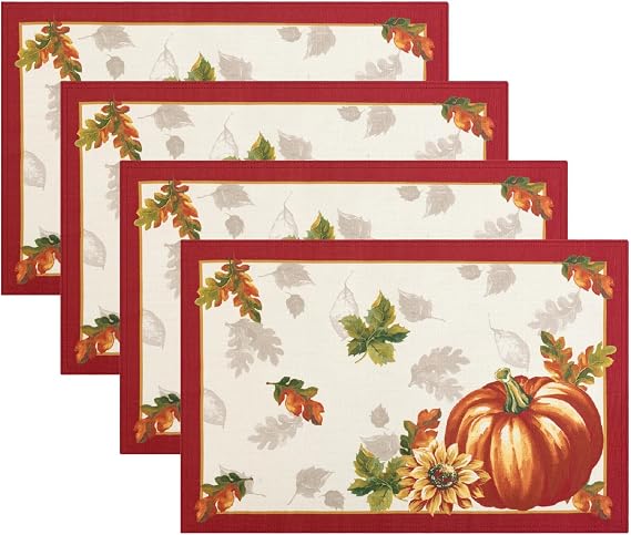 Elrene Home Fashions Swaying Leaves Bordered Fall Placemats, Seasonal Dining Table Mats, 13" W x 19" L, Set of 4