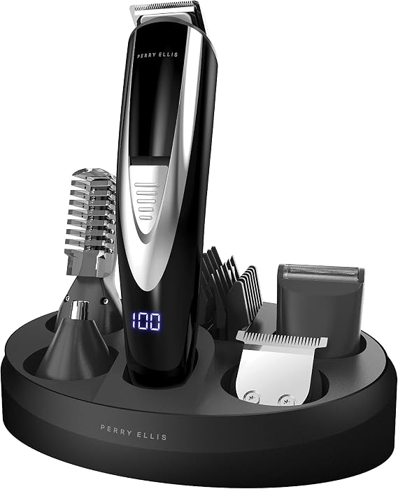Perry Ellis 16-Piece Mens Grooming Kit, Rechargeable Beard Trimmer, Electric Razor for Face, Body, Nose, and Ear Hair, LED Display, Foil Shaver Head, 5 Adjustable Trimming Guides, Charging Dock