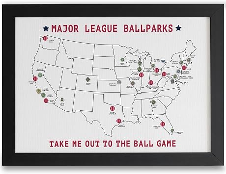 Baseball Stadium Map Tracker, Includes 30 Major League Illustrated Ballparks Puffy Stickers, Ballparks Visited Map, Baseball Wall Decor Gift for Couples, Men, Boys