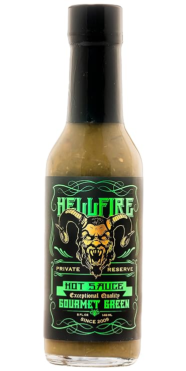 Hellfire Gourmet Green Hot Sauce with Carolina Reaper, Multi Award-Winning Verde Sauce, FEATURED IN MEN'S FITNESS MAGAZINE as one of the Healthiest Hot sauces on the market, 5 oz