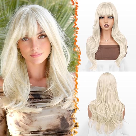 BARSDAR 20 Inch Synthetic Soft Wavy Platinum Blonde Layered Wig with Bangs
