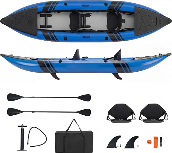GYMAX Inflatable Kayak, 12.5Ft 507lbs Tandem Kayak with 2 Aluminum Paddles, 2 Padded Seats, Footrests, 2 Fins, Hand Pump, Carry Bag & Repair Kit, 2 Person Fishing Touring Kayak for Adults