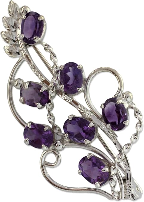 NOVICA Artisan Handmade Amethyst Floral Brooch Pin | 7 Carats Sterling Silver | Indian Rhodium Plated Purple Birthstone | 2" L x 1.2" W | 'Lilac Story'