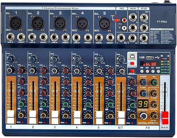 7 Channel Professional mixer audio 99DSP Bluetooth U disk 48V Phantom Power Source USB recording,dj mixer,Suitable for beginners Live streaming (F7-PRO)