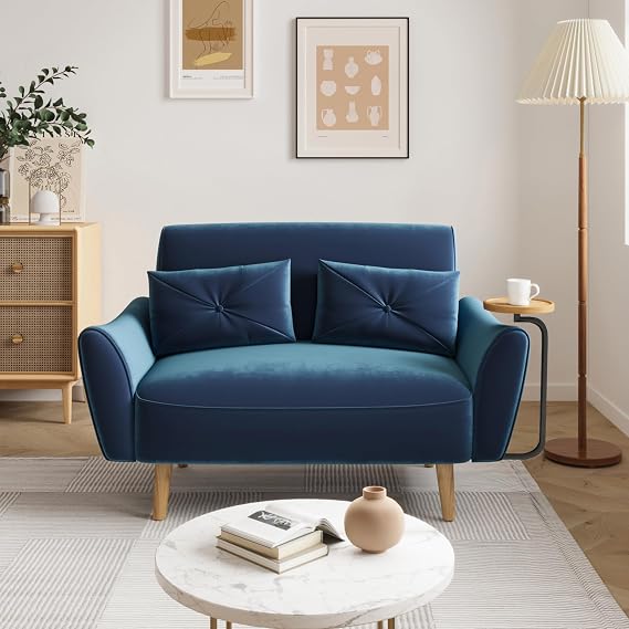 48" Loveseat Sofa - Small Couch for Small Spaces, Convertible Tray Sofa with 2 Pillows, Velvet Couch for LivingRoom, Bedroom, Apartment, Studio, Blue