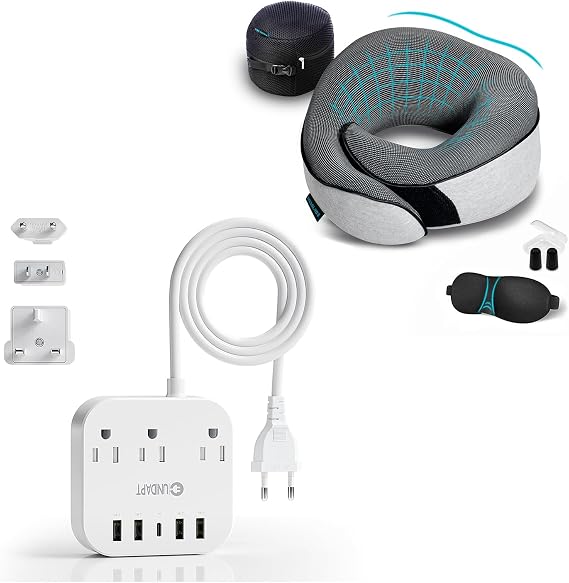 Travel Bundle Kit with Neck Pillow Set and European,UK, US Travel Power Strip