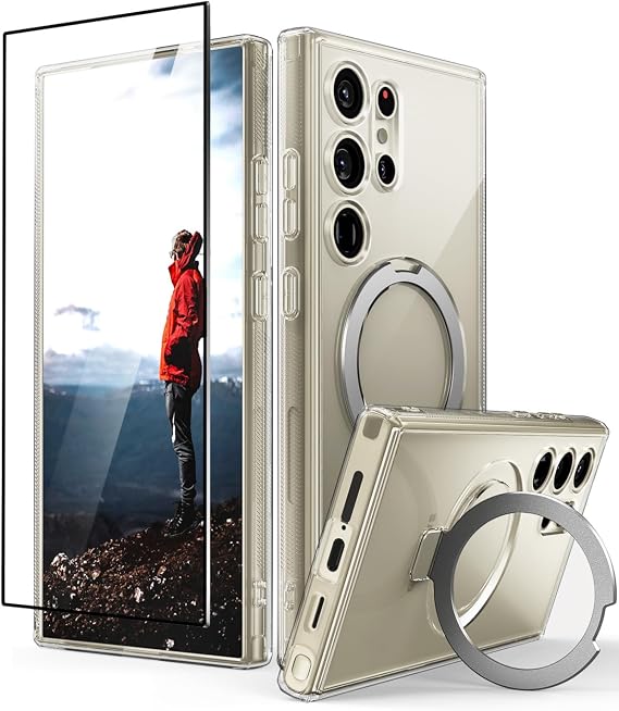 CaseBorne Compatible with Samsung Galaxy S24 Ultra Case - [3-in-1 Combo] [Compatible with MagSafe][ Clear Hybrid Magnetic Cover] with Kickstand and Tempered Glass Screen Protector