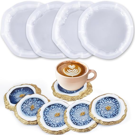 Resin Coaster Molds Silicone,4 Pcs Geode Irregular Edge Epoxy Coaster Molds for DIY Custom Coasters Resin Crafts Home Decoration