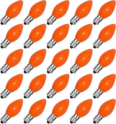 25 Pack C7 Halloween Replacement Bulbs, Ceramic Orange Christmas Light Bulbs for IndoorOutdoor String Lights, E12C7 Candelabra Base, 5W Incandescent Night Light Bulbs