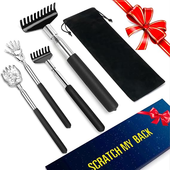 Back Scratcher 4-Pack for Adults & Seniors - Telescoping Stainless Steel with Non-Slip Grip, Includes 4 Velvet Bags - Portable Gift Set for Parents & Elderly