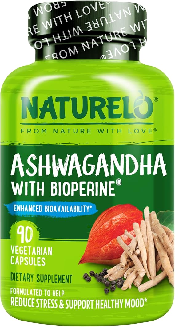 NATURELO Ashwagandha Organic Root Powder, Stress Relief, 90 Vegan Capsules