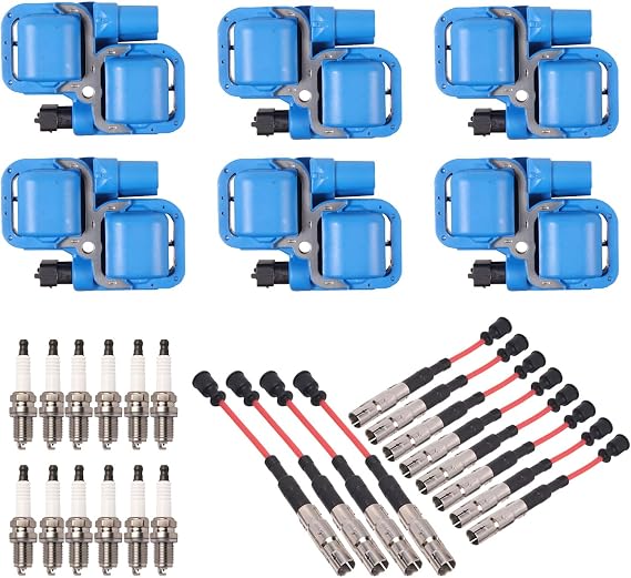 ENA Set of 6 Blue Ignition Coil with 12 Iridium Spark Plug and Red Wire Set Compatible with Mercedes-Benz Crossfire C240 C280 C320 CLK320 E320 ML320 ML350 SLK320 Replacement for 0001587303 UF359