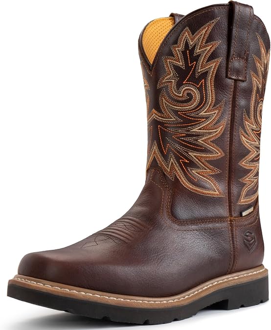 SUREWAY Men's Waterproof Cowboy Work Boots | Full Grain Leather,Square Toe,Pull On Western Boots