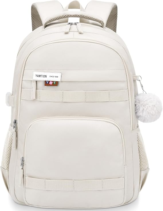 YAMTION Student Laptop Backpack for College Women,School Book Bag for Middle High School Teen Girls Travel Daypack,Beige