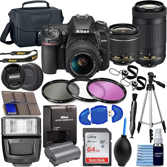 Nikon D7500 DX-Format Digital SLR w/AF-P NIKKOR 18-55mm f/3.5-5.6G VR Lens +P 70-300mm f/4.5-6.3G ed + 64GB Memory Card, TriPod, Flash, 3pc Filter Kit, Case, More, Black
