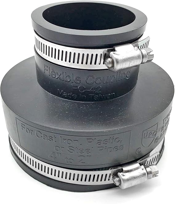 Flexible PVC Rubber Coupling with Stainless Steel Clamps 4 x 2 Inch, Black
