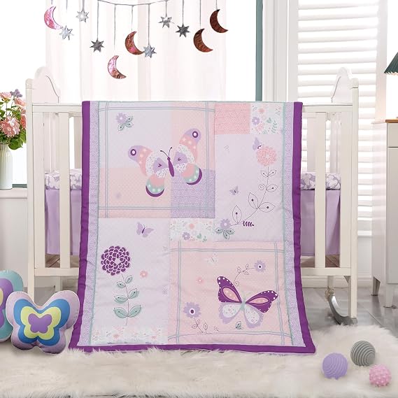 Crib Bedding Set for Girls, 3 Pieces Floral Butterfly Baby Girl Bedding Set, Include Crib Comforter Fitted Sheet and Crib Skirt, Standard Size Nursery Crib Set for Girls, Purple