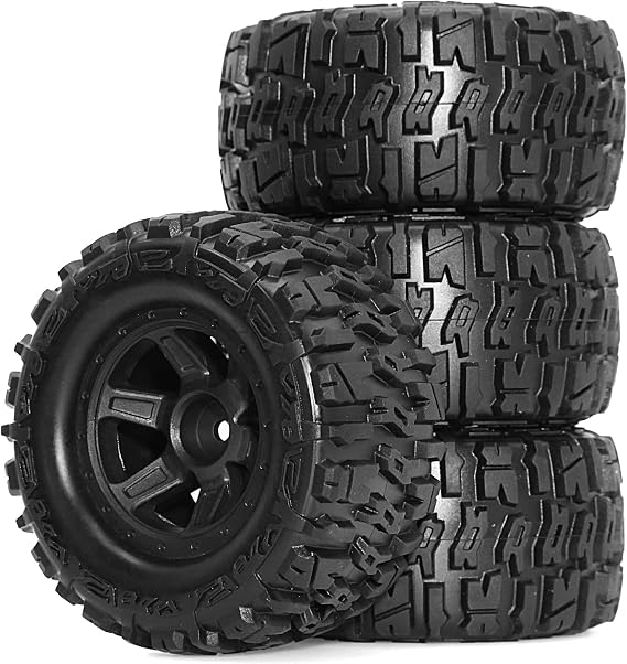 4PCS RC Monster Truck Plastics Wheel Rim Tires Set Hex 12mm OD 3.54'' for 1/12 1/14 1/16 RC Off Road Monster Truck TRX E-REVO Summit HPI SAVAGEGT-2XS REDCAT Volcano-16 (Black)