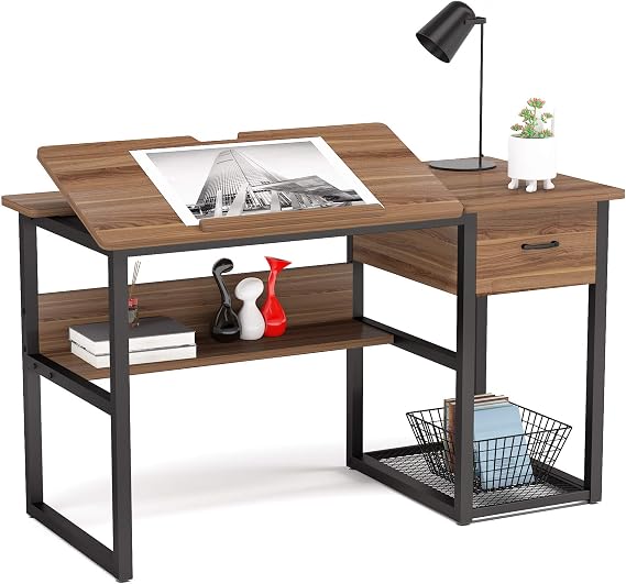 Tribesigns Drafting Table with Storage Drawers, Drawing Computer Desk Artist Craft Table Painting Desk Workstation with Shelves and Tiltable Tabletop for Students, Home Office