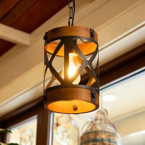 Rustic Chandelier,Vintage Metal and Wood Chandelier for Kitchen Island,Industrial Pendant Light for Foyer Hallway Bar,1-Light Retro Farmhouse Light Fixtures for All Ceilings D 7.28" x H 9.65"