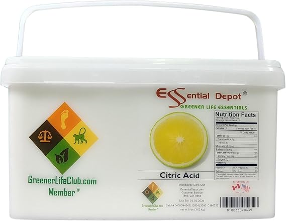 Essential Depot Citric Acid - 8 lbs - Anhydrous - Food Grade - Safety Sealed Wide Mouthed PP Container with Resealable Cap and Reattachable Handle