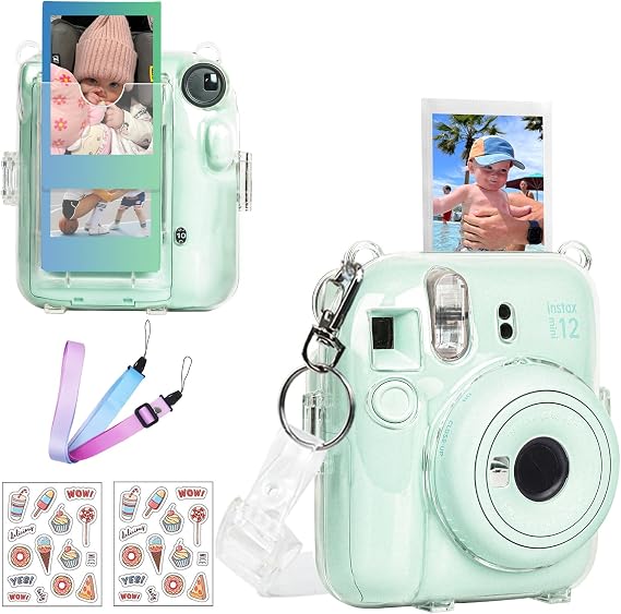 CAIYOULE Clear Camera Case For Fujifilm Instax Mini 12 Instant Film Camera | Crystal Camera Case for Instax Mini 12, Rigid PC Hard Camera Shell with Photo Storage, 2 DIY Stickers and Adjustable Strap