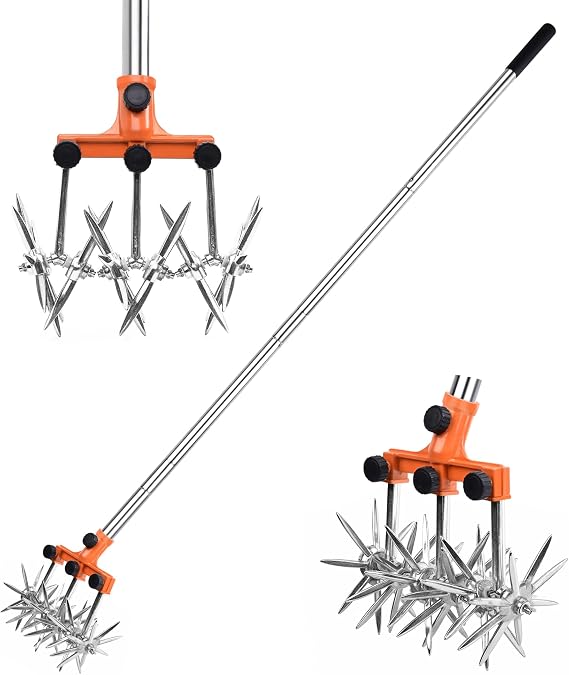 BARAYSTUS Rotary Cultivator Garden Rotary Tiller Adjustable Stainless Steel Poles Hand Tiller for Soil Mixing or Reseeding Grass Lawn Tiller Total Length 57 Inch