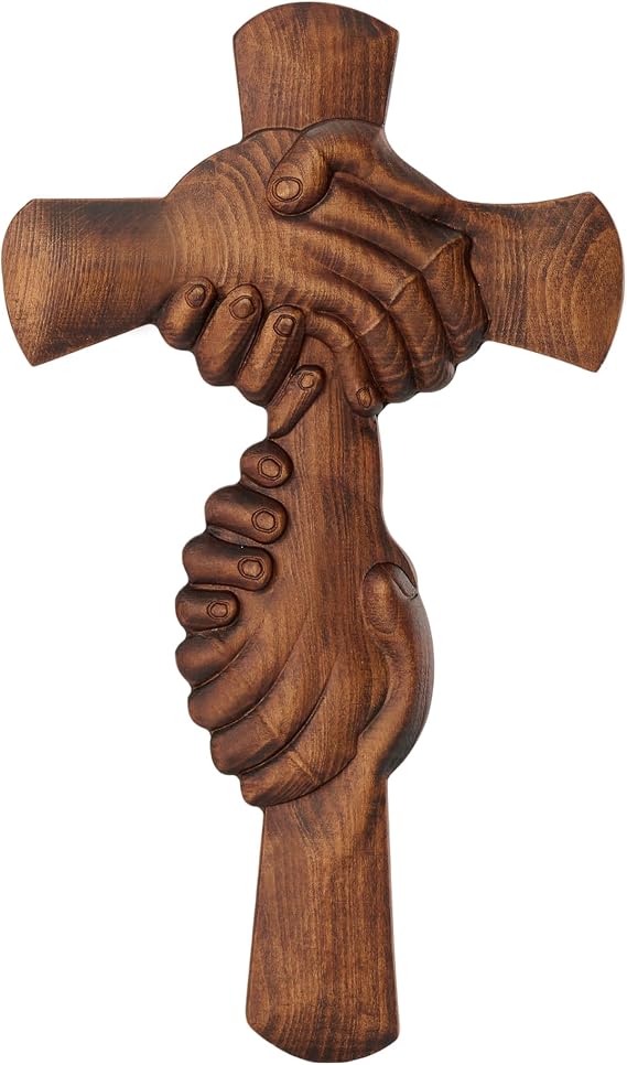 BGCOPPER Wooden Cross for Wall Decor, Handmade Hand in Hand Catholic Cross to Hang on Wall Cross Art (14 Inch)