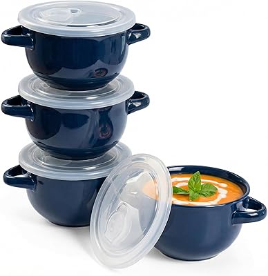 KooK French Onion Soup Bowls, Crocks, Oven Safe Bowls, Soup Mugs, Ceramic Bowls, Dishwasher, Microwave, Set of 4, 18 oz Blue