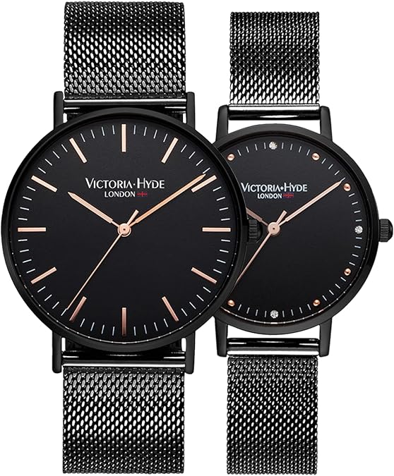 VICTORIA HYDE Couple Watches for Men Women Genuine Leather Strap Stainless Steel Mesh Band His and Hers Waterproof Quartz Wristwatch Gifts Set for Lovers
