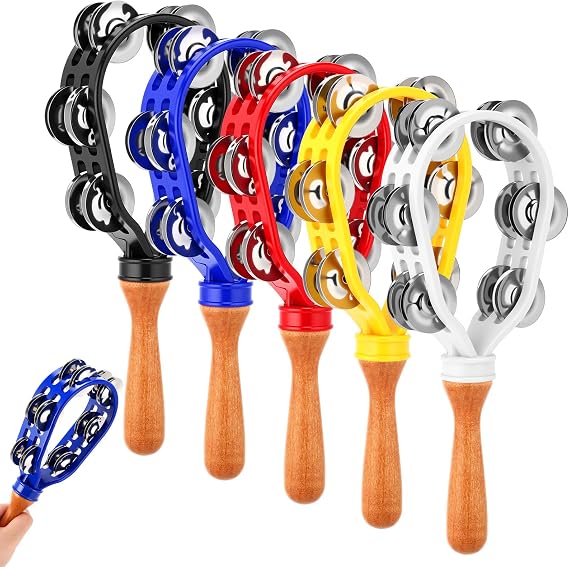 Boao 5 Pack Hand Held Tambourines Double Row Metal Jingles Wooden Handle