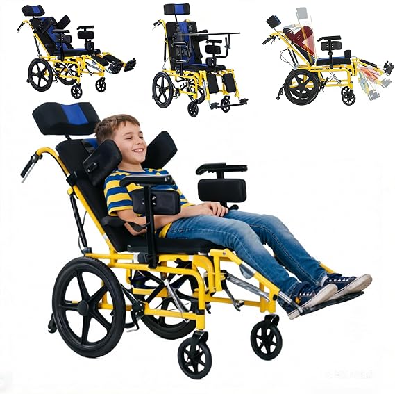 Pediatric Full Reclining Wheelchair Heavy Duty 220 lbs Capacity Folding Kids Wheelchair with Elevating Footrest, Headrest & Meal Tray, Comfortable Mobility Aid for Children with Special Needs