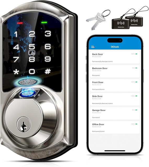 Veise VE07 Fingerprint Smart Deadbolt Lock, App Control, Fobs, Satin Nickel | Touchscreen, Remote Access Sharing, 7-in-1 Access, Auto Lock, BHMA/ANSI Grade 3, Low Battery Alarm, for Front Door