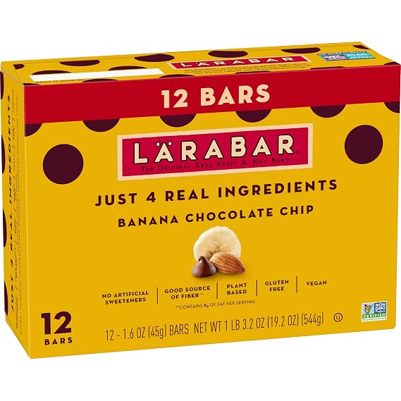 Larabar Banana Chocolate Chip, Fruit and Nut Bars, Gluten Free and Vegan, 19.2 oz, 12 Ct