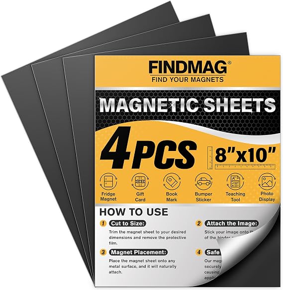 FINDMAG 4 Pack 8" x 10" Magnetic Sheets, Adhesive Magnetic Sheets | Cuttable Flexible Magnets with Adhesive Backing for Creating Magnetic Photos, Crafting, Organizing and DIY Projects