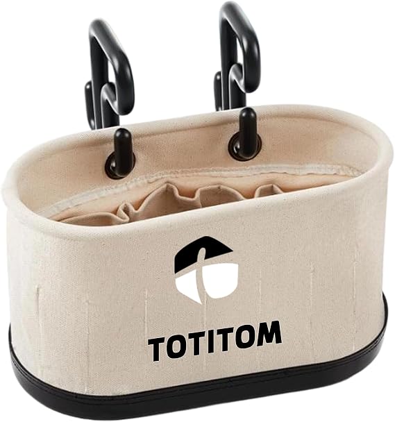 Canvas Bucket Bag, Aerial Oval Tool Bucket With Hooks & 15 Pockets, Oval Hard-Body Bucket Tool Organizer, Black Molded Polypropylene Bottom, for Industrial Maintenance Construction Sites (White)