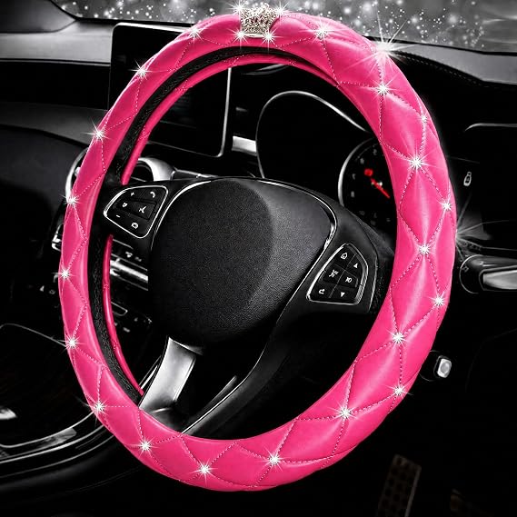 Crown Bling Car Steering Wheel Cover, 14.5-15" PU Leather for Women Men