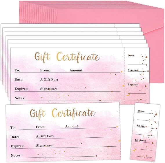JarThenaAMCS 25Pcs Gift Certificate for Business with 25Pcs Envelopes and Stickers Pink Gradient Blank Voucher Coupons for Beauty Salon Restaurants Birthday Client, 8.6 x 3.5Inch