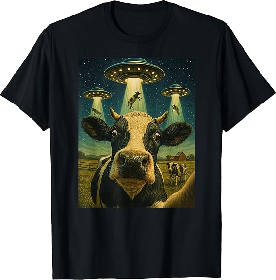 Funny Cow Farm Alien Selfie UFO Zoo Boys Girls Kids T-Shirt
