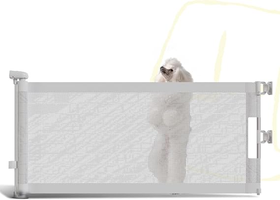 15.7" H Mesh Short Dog Gate, Extends Up to 59" W Retractable Pet Gate with Drill Installation, Small Dog Gate for Stairs, Easy Step Over Low Puppy Gate for Doorways Indoor Outdoor, White